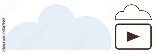 Cloud shape paired with media play button icon inside outlined cloud. Ideal for streaming, cloud storage, technology, digital media, online services, data sharing, simple flat metaphor