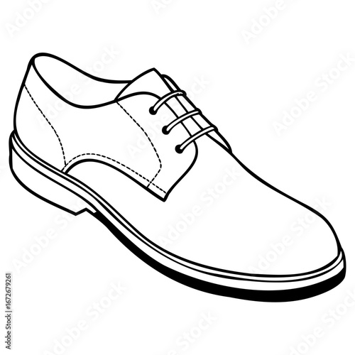 Black and white illustration of a classic mens dress shoe with laces and a sturdy sole
