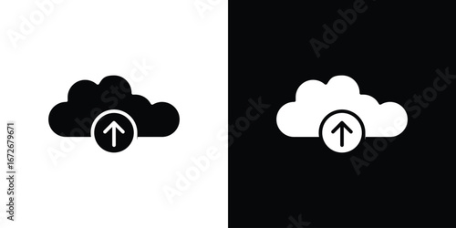 Cloud upload icons in black and white clipart style