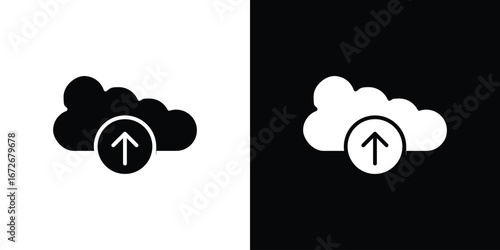 Cloud upload icons in black and white clipart style