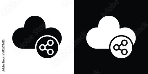Cloud share icons in black and white clipart style