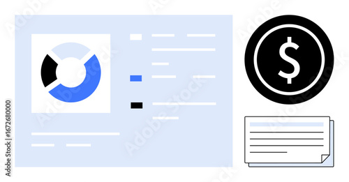 Pie chart, dollar sign, and document underline financial themes. Ideal for finance, business, data analysis, investment, budgeting reports economic strategy. Simple flat metaphor