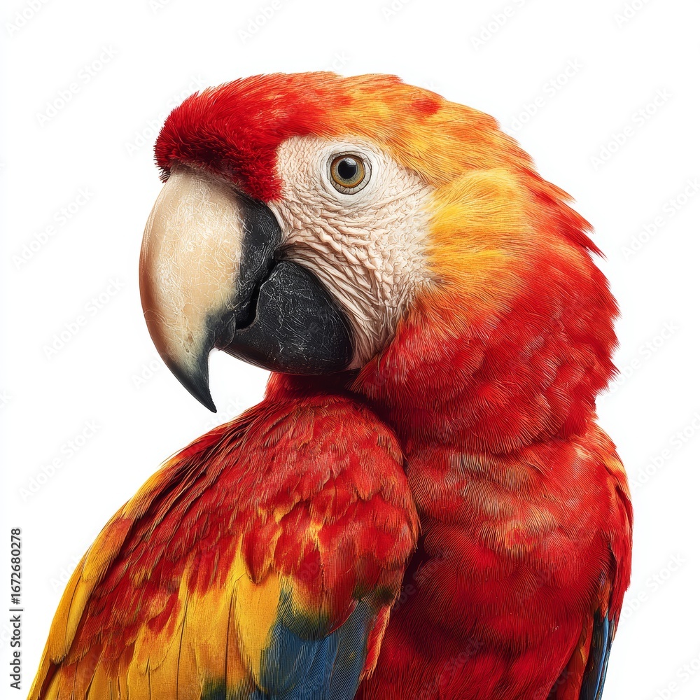 Obraz premium A vibrant Scarlet macaw showcasing its exquisite plumage in a close-up shot. Its bright colors and sharp features are on full display