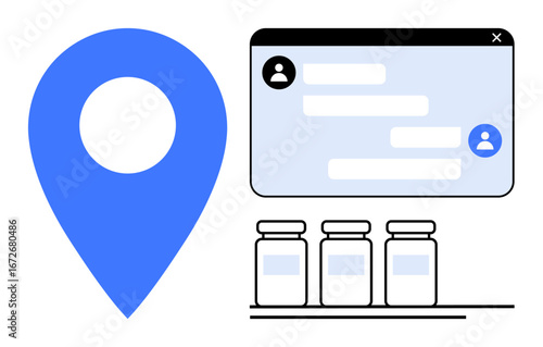 Blue location pin, chat window with messages, and medicine bottles. Ideal for health apps, telemedicine, navigation, delivery, communication, logistics pharmacy simple landing page