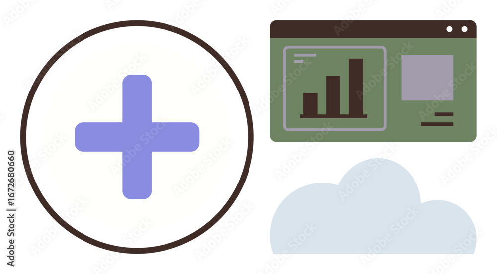 Obraz premium Plus sign in circle, green analytics dashboard with a bar graph, and a cloud. Ideal for healthcare, productivity, business growth, integration, cloud solutions, data analysis and software concepts