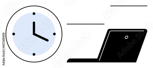 Wall clock and open laptop arrangement denoting time, focus, and efficiency. Ideal for time management, productivity, remote work, scheduling, workflow planning, organization simple flat metaphor