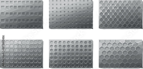 Six silver metal sheets with perforated geometric patterns on transparent background