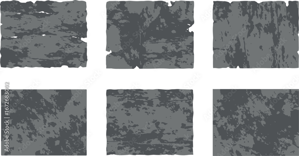 Six rectangular gray scale distressed textures on transparent background