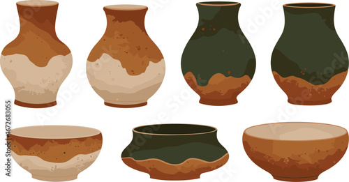 Collection of decorative vases and bowls with earth tone glazes on transparent background