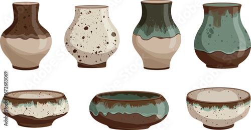 Collection of seven assorted ceramic vases and bowls on transparent background