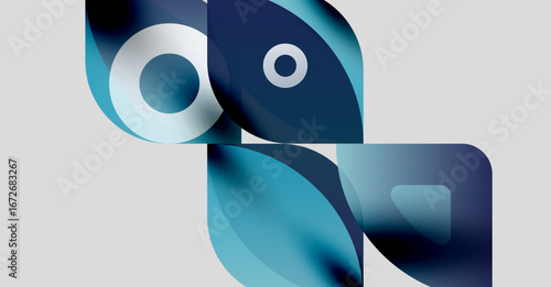 Abstract shapes overlap, creating fluid forms. Blue hues dominate, with lighter accents. Minimalist design evokes modern aesthetic.