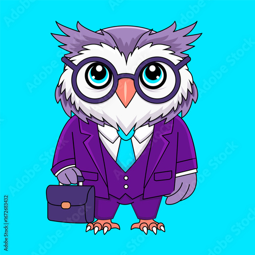 Owl in a purple suit, glasses, and tie, holding a briefcase. Great for education, business, or character designs
