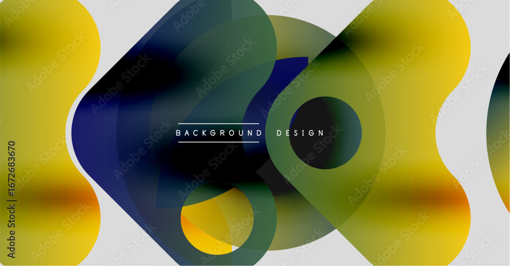 Fototapeta premium Abstract fluid shapes overlap. Yellow, green, blue hues blend creating dynamic visual effect. Modern design element.
