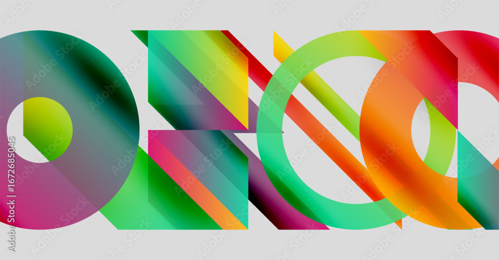 Fototapeta premium Abstract colorful design features overlapping shapes, gradients, vibrant hues. Modern composition evokes dynamic energy, visual interest.