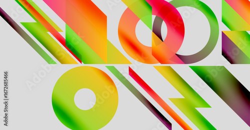 Colorful typography spells WOW. Overlapping shapes create dynamic visual effect. Bright gradients dominate composition. Modern design.