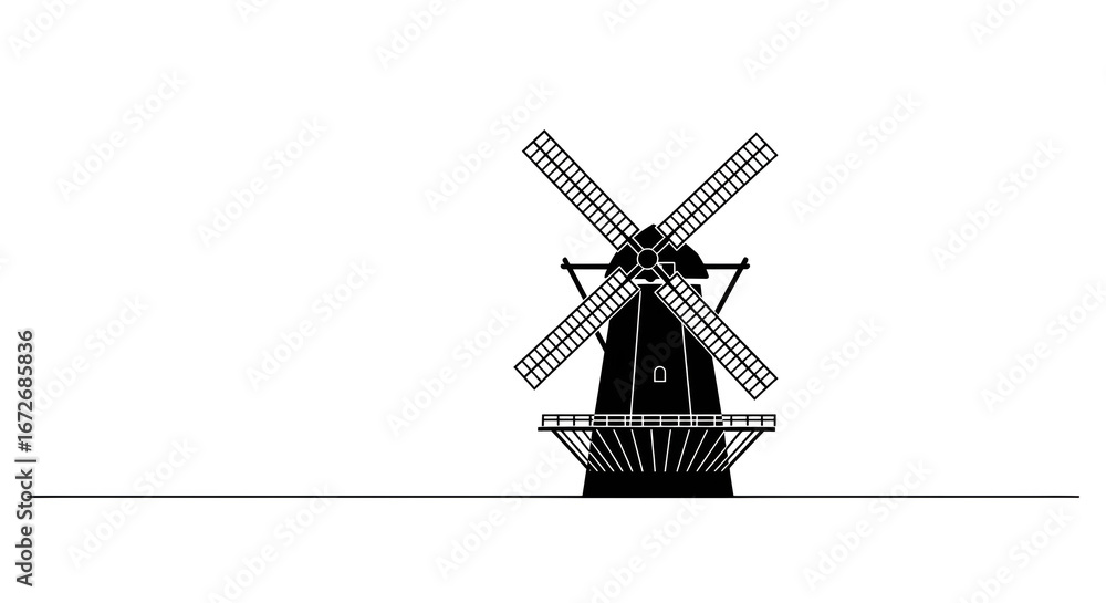 Obraz premium Illustration of classic windmill silhouette on simple white background, symbol of traditional architecture and natural energy