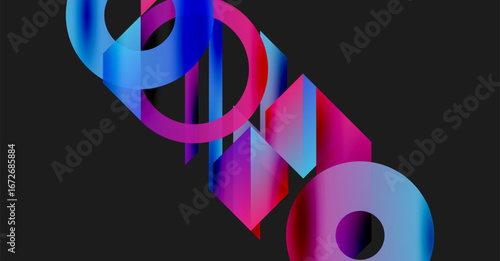 Abstract shapes overlap, vibrant blues, pinks create dynamic composition. Dark background emphasizes colorful forms. Modern design.