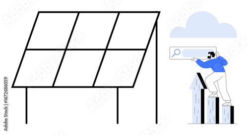 Large solar panel with standing figure inspecting via telescope, signifying renewable energy, tech, strategy, research. Ideal for innovation, green solutions, sustainability, business growth