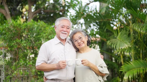 Happy Asian family senior couple relaxing in the garden. Elderly husband and wife enjoy indoors activity lifestyle having afternoon tea party at nursing home. Aged people healthcare and mental health.