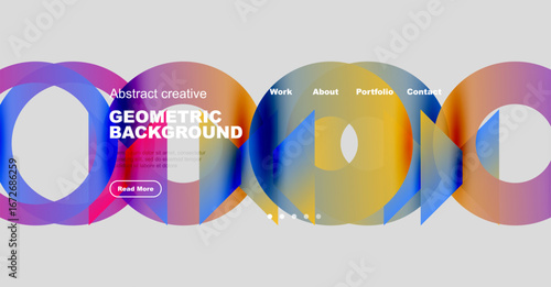Colorful geometric shapes form abstract website design. Text elements include work, about, portfolio, contact options. Button invites further exploration.