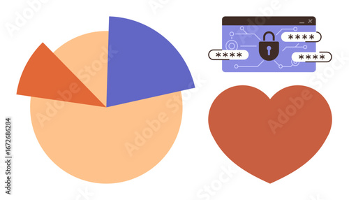 Pie chart displaying data distribution, heart symbolizing care and connection, cybersecurity interface with lock and password fields. Ideal for analytics, security, privacy, emotion, data