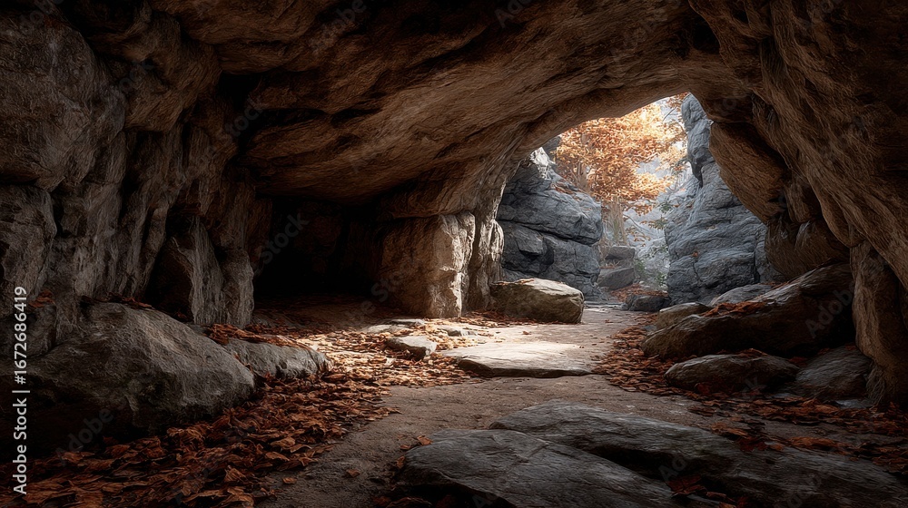 Obraz premium wide stone cave opening with rough natural textures and scattered dry leaves
