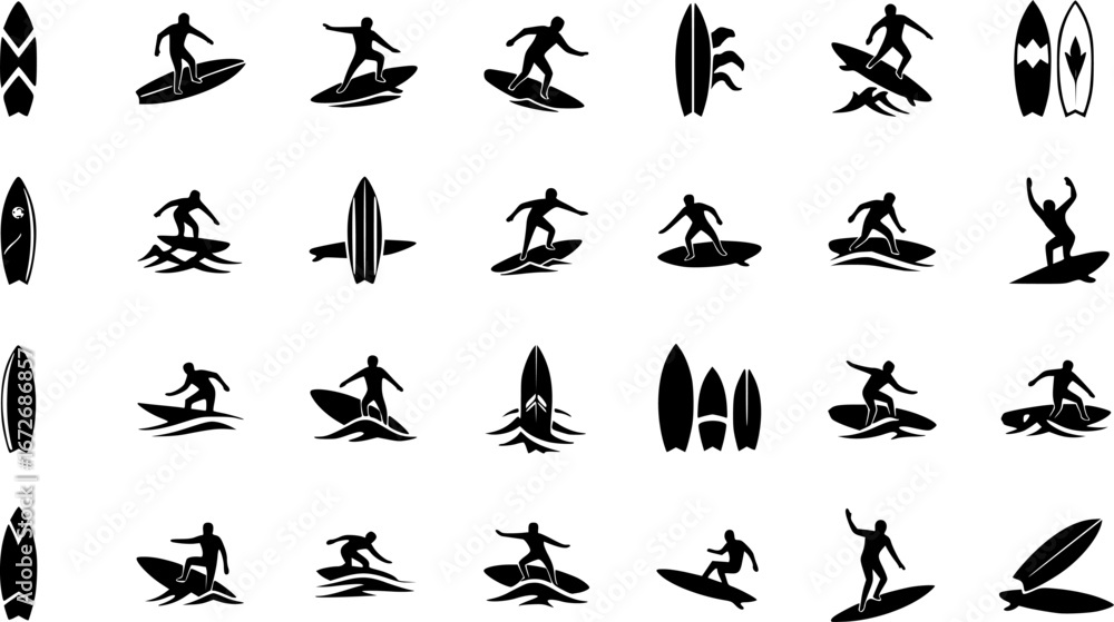 Naklejka premium Surfboard vector set, Surfing silhouettes, Surfboard silhouettes, Surfing board silhouette, Surfboard svg, Surfboard vector illustration, Surfboard icon V02.