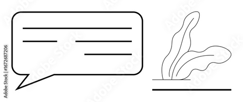 Speech bubble with horizontal lines indicating text alongside a minimalist leaf design. Ideal for communication, conversation, messaging, dialogue, minimal botanical themes, social media, and clean