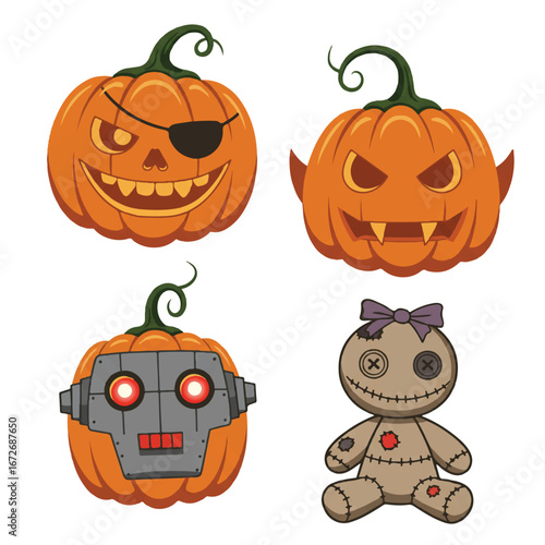 Vector illustration of jack o lanterns and a voodoo doll on a white background for Halloween.