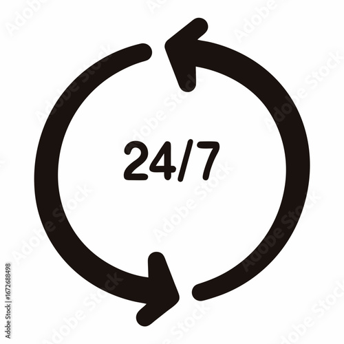 24 by 7 service continuous operation icon with rotating arrows vector