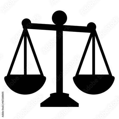 Simple black and white graphic of scales of justice symbol