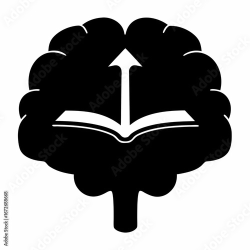 Brain icon with upward arrow emerging from an open book for knowledge