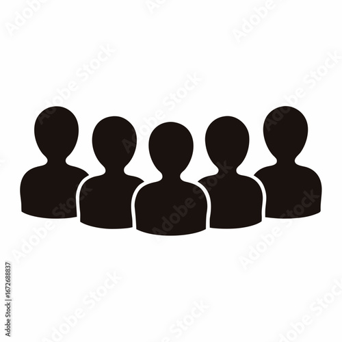 Simple flat black silhouette illustration of a group of five people icons