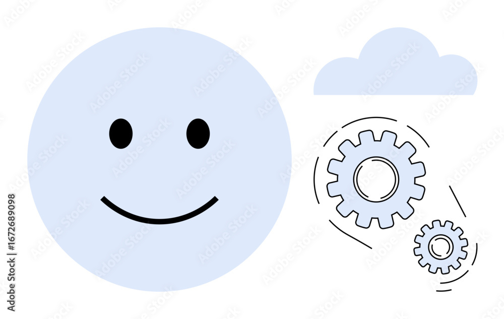Fototapeta premium Blue smiling face paired with interconnected gears under a cloud shape. Ideal for teamwork, creativity, problem-solving, productivity, positivity, cloud-based solutions, simple flat metaphor