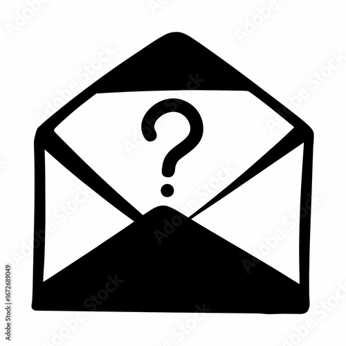 A black and white drawing of an envelope containing a question mark