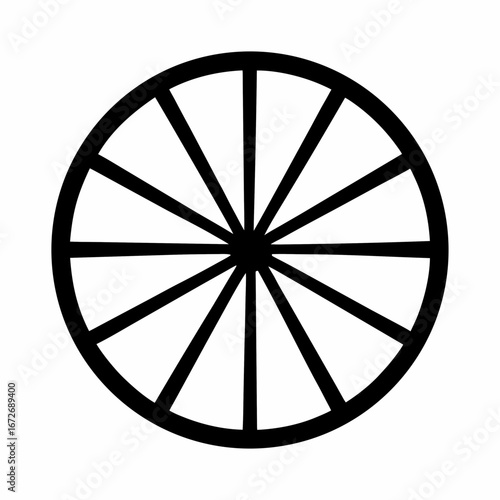 Black and white illustration of a wheel with twelve spokes radiating outwards