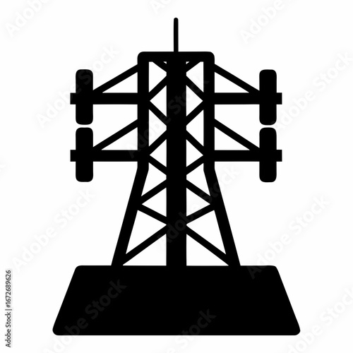 High voltage transmission tower silhouette on a white background showing engineering