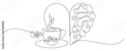 Continuous line drawing illustration of a coffee cup and a heart-shaped brain