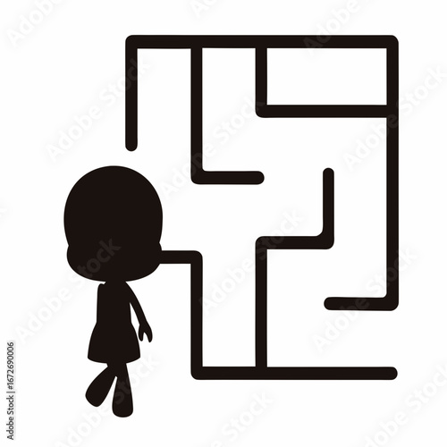 Silhouette figure stands before a complex maze with a sense of wonder