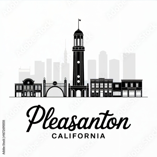 Pleasanton California Skyline Silhouette — Historic Main Street and Modern Charm Vector Illustration