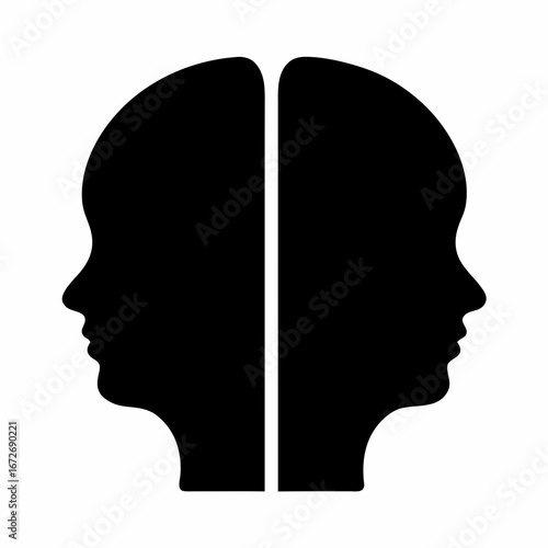 Symmetrical Profiles in Black Silhouette Representing Duality and Mental Health Concepts
