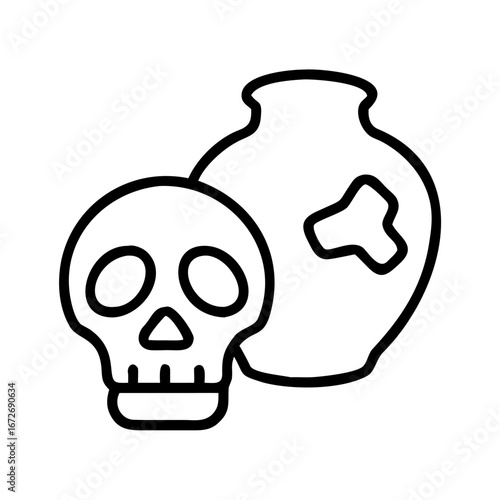 Contour Drawing Featuring a Skull and Decorative Pot, Isolated on White