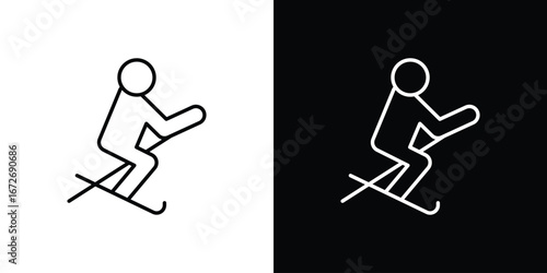 Skiing icon in line art versions on white background