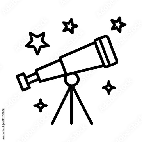 Telescope pointed towards space with stars shining brightly in the sky