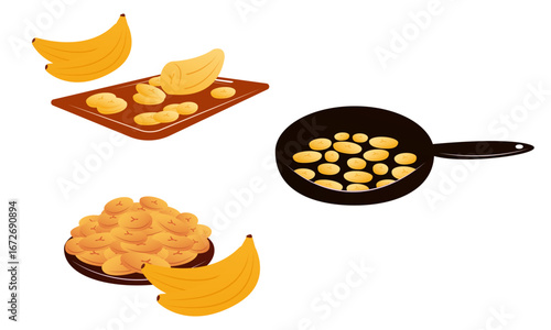 Vector illustration of cooking and serving Tajadas fried banana slices Plantain