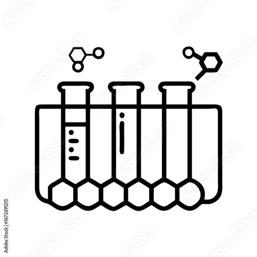 Stylized chemistry illustration of test tubes in a rack with molecules