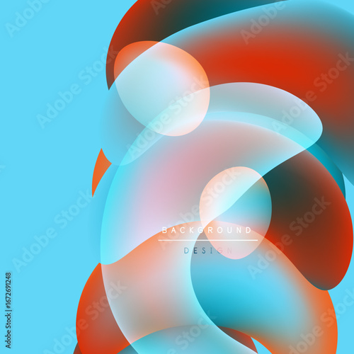 Abstract fluid shapes overlap, creating vibrant color gradients. Blue background complements orange, pink hues. Modern design element.