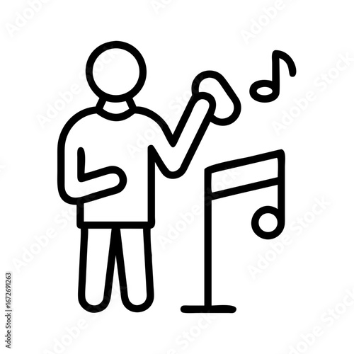 Vector illustration of a stick figure conductor leading an orchestra with musical notation