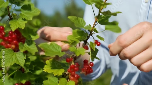 Hands picking red currants from a bush
