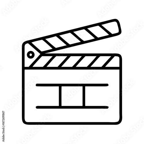 Simple black outline of a movie clapper board on white background
